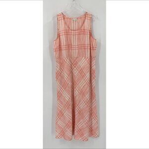 J Jill Love Linen midi maxi plaid dress pink white sleeveless shift a-line Large